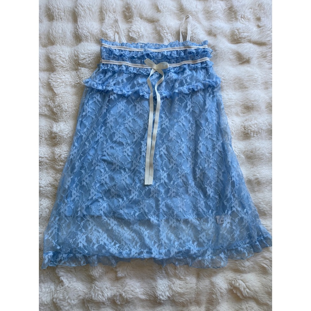 Women Baby Blue Floral Lace Ruffle Babydoll Camisole Top Ribbon Bow New M
